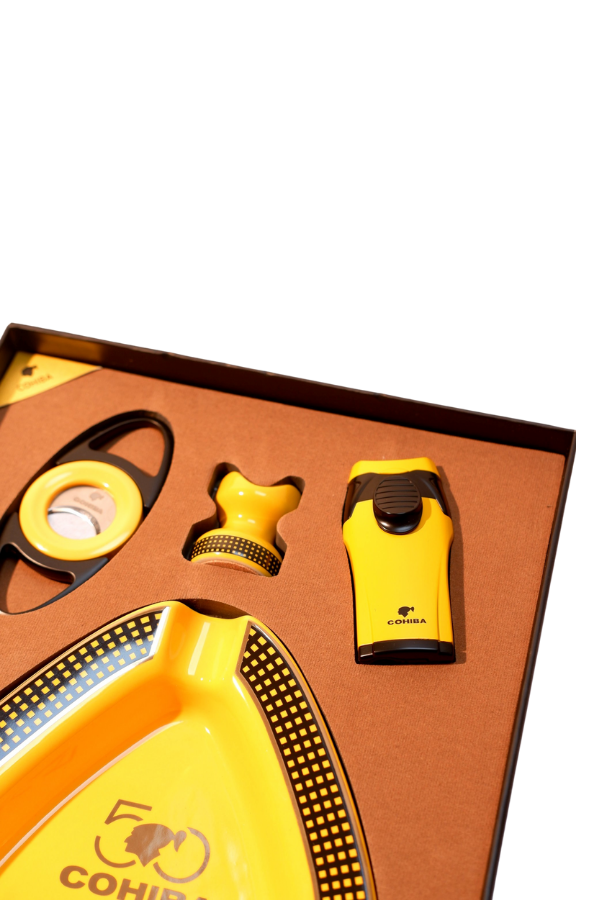 Cohiba Çakmak Kesici Küllük Sehpa Dörtlü Sarı Puro Seti