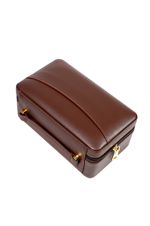 Cohiba Dahili Çakmaklı Kahverengi Mozaik Desenli Deri Puro Taşıma Çantası - Seyahat Humidoru