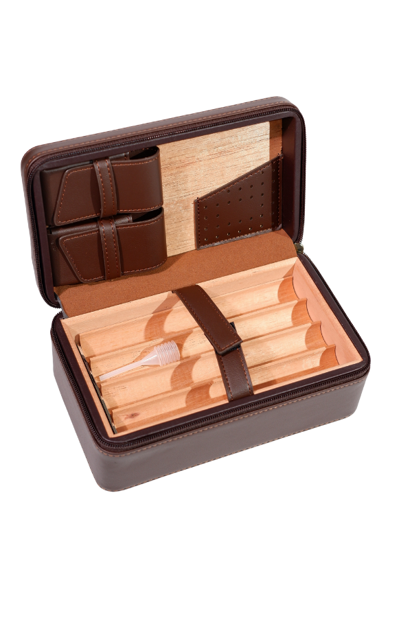 Cohiba Dahili Çakmaklı Kahverengi Mozaik Desenli Deri Puro Taşıma Çantası - Seyahat Humidoru