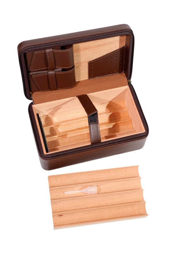 Cohiba Dahili Çakmaklı Kahverengi Mozaik Desenli Deri Puro Taşıma Çantası - Seyahat Humidoru